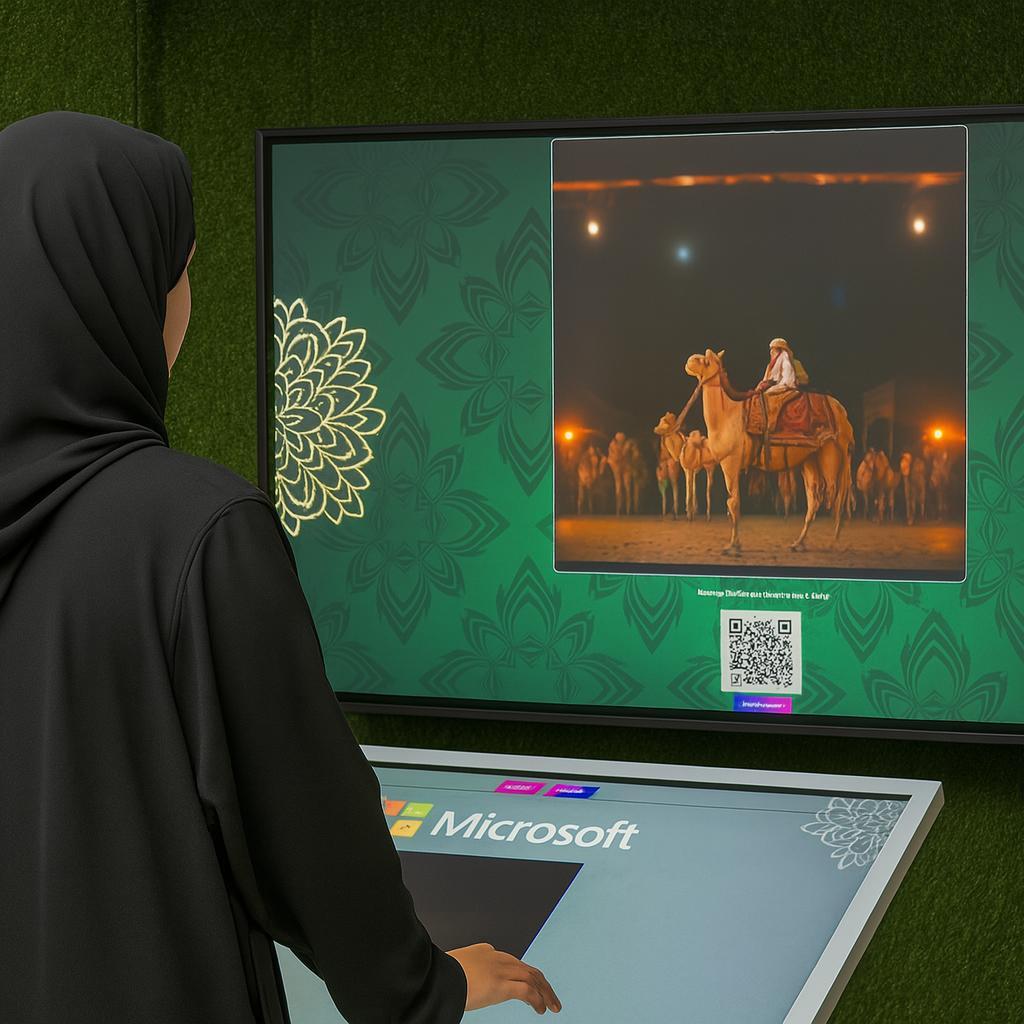 Guest using interactive screen for real-time AI painting at Dubai event, creating digital artwork with immersive technology experience by Mirror Booth Dubai